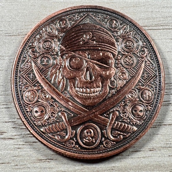 Other - 1oz .999 Fine Copper Round Pirate Skull Crossbones Galleon Ship Antiqued Coin
